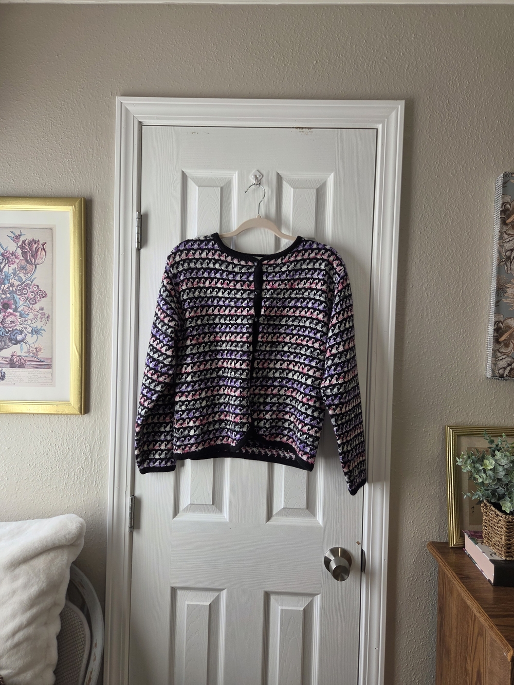 ​​​Vtg Dressbarn Knit Cardigan Sweater L Pink Purple Black Wool Blend Grandmacor